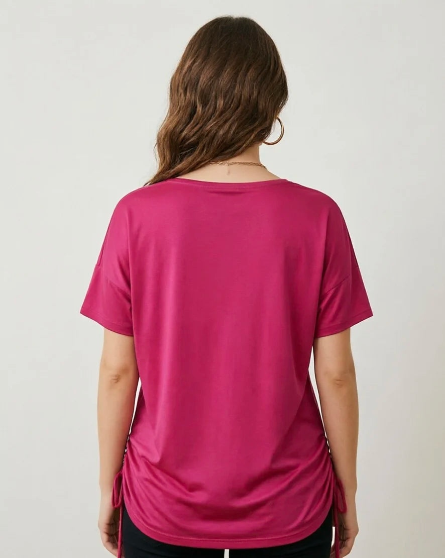 Plus size spring and summer rose pink V-neck drawstring T-shirt loose slimming short sleeve top side drawstring adjustable casual T-shirt