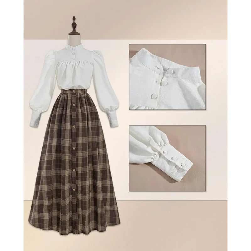 Victorian Dress for Women 2-Pieces Edwardian Dress 1800s Costume Plaid Maxi Skirt
