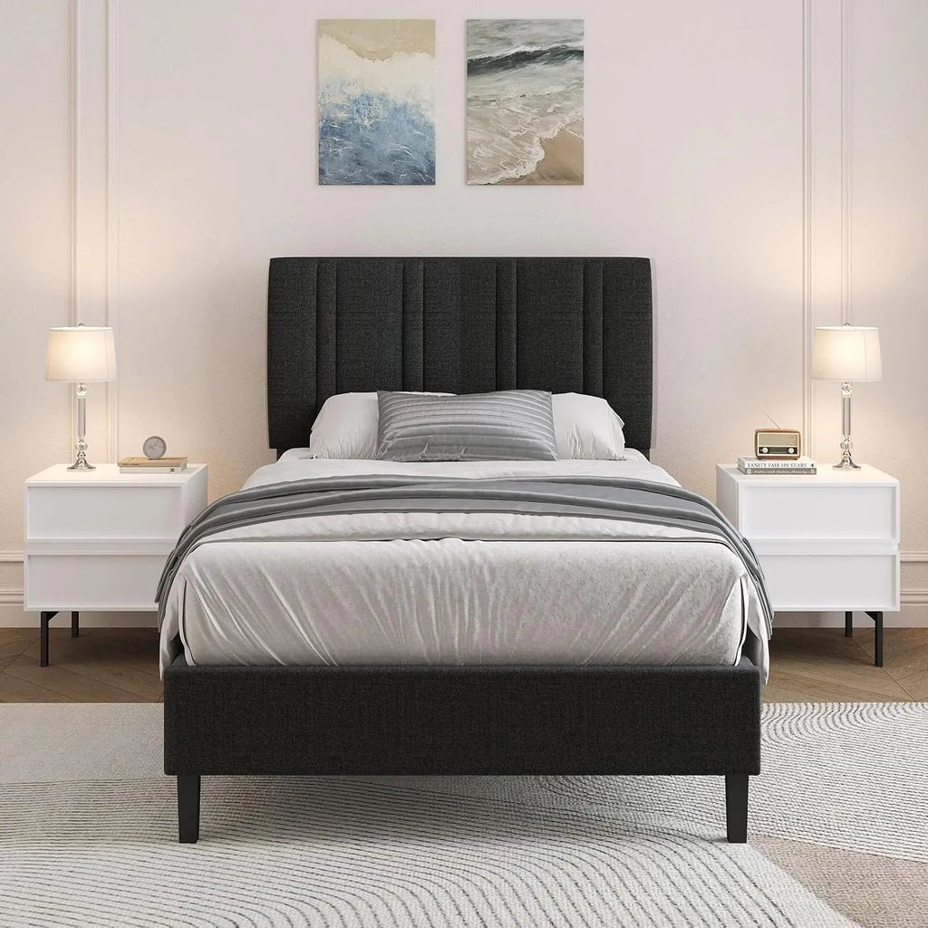 Twin Bed Frame with Adjustable Upholstered Headboard, Linen Fabric Platform Bed with Heavy Duty Wood Slats, Noise-Free,, Custom