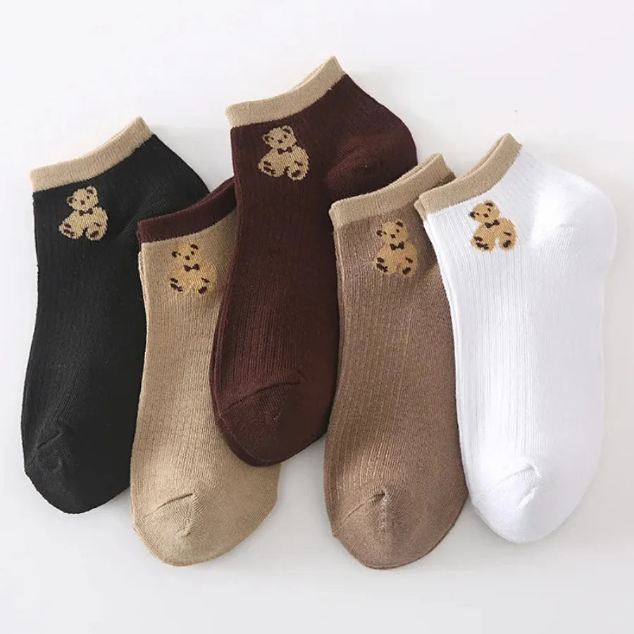 5 Pairs of Cute Teddy Bear WOMEN'S Short Socks with Shallow Mouthed Spring and Summer Casual Matching Short Tube Boat Socks