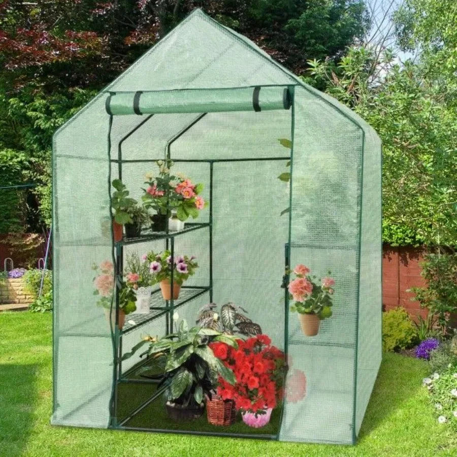Outdoor gardening plant greenhouse with 8 shelves, durable polycarbonate material, green color, UV-resistant and ventilated des