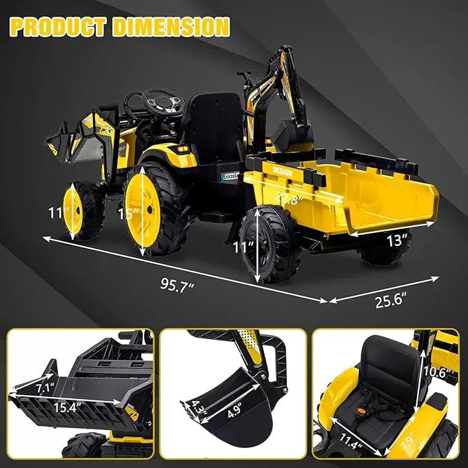 24V 3-in-1 Ride-On Tractor with Excavator & Bulldozer Modes — Kids Electric Construction Vehicle with Trailer, Digger, Shovel Bucket, Parent Remote Control, LED Lights, Music & USB, Battery