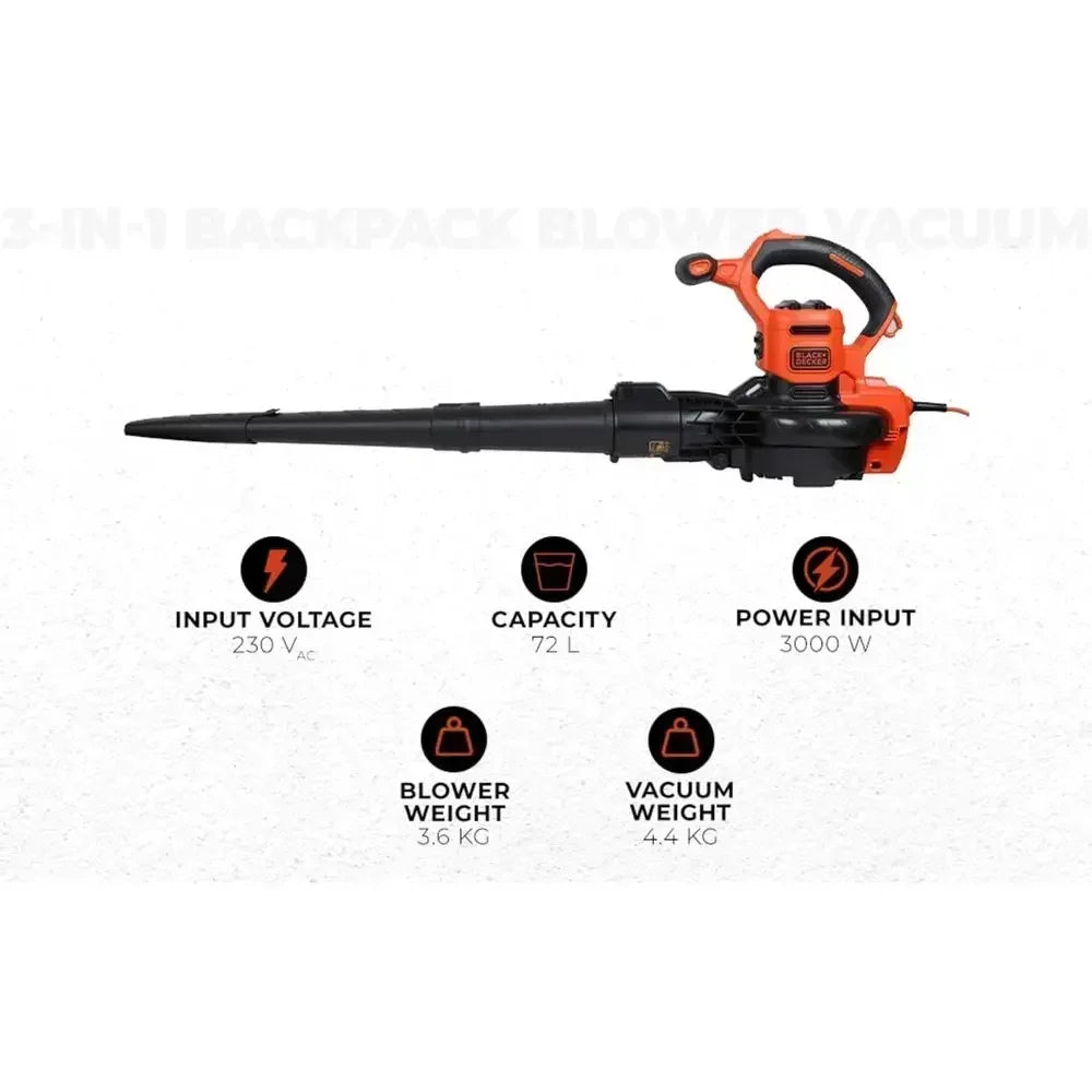 3-in-1 Electric Leaf Vacuum & Blower with Shredder, 72L Bag, High Speed, Adjustable Power for Patios & Driveways