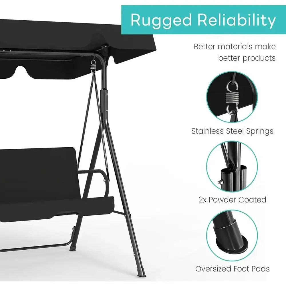 Adjustable Outdoor Patio Swing Chair for 3 Adults, Ideal for Deck, Lawn, Backyard, or Porch, Black