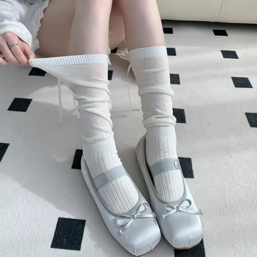 1/2/5 Pairs Lolita Long Socks Women Summer Ultra Thin Breathable Bandage Ribbon Bow Sweet Girls JK Style Black White Stockings