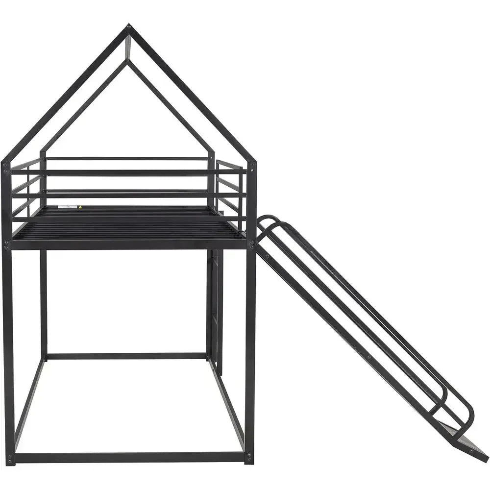 Twin Over Twin Bunk Bed with Slide and Ladder, Metal Frame for Kids, Black