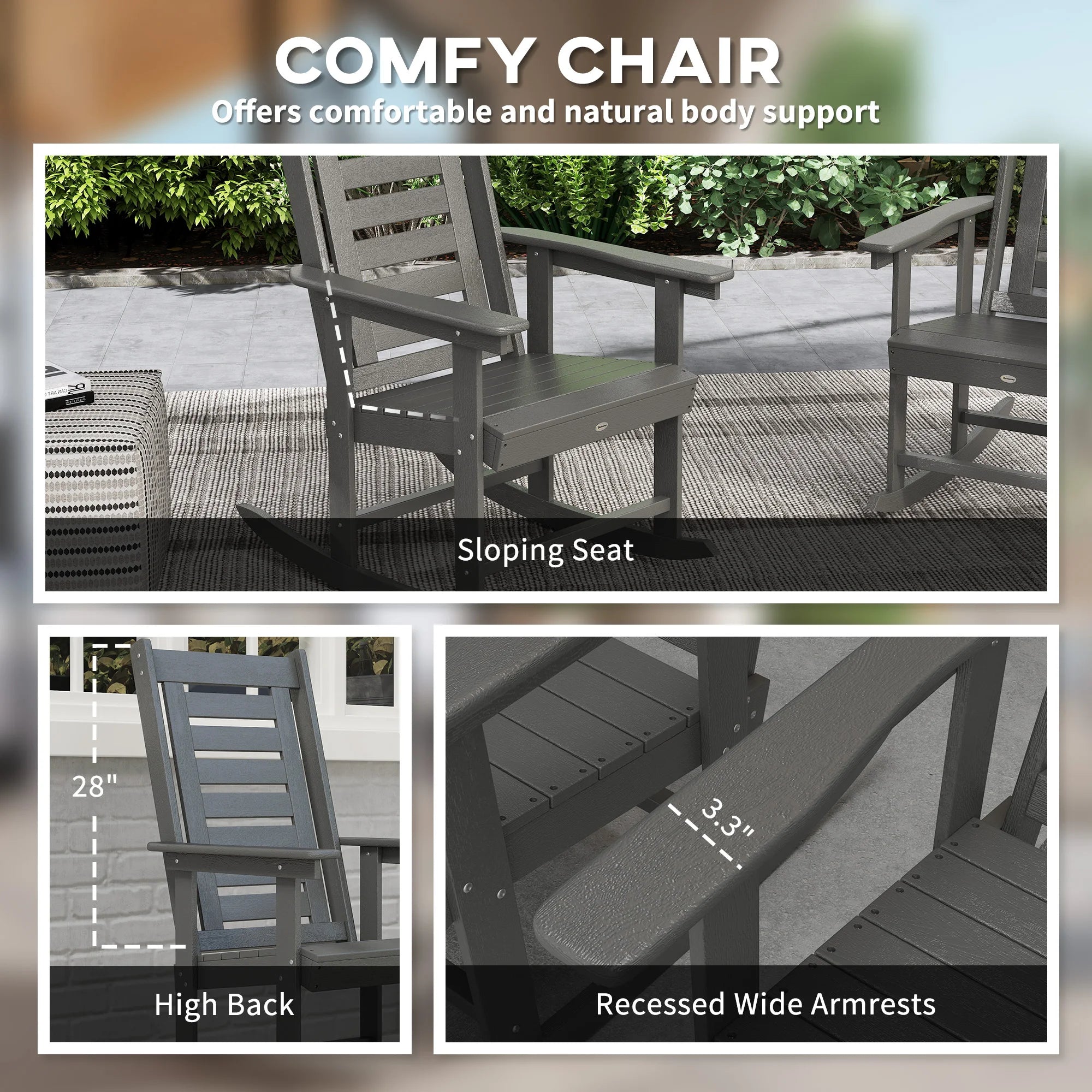 2 Outdoor Rocking Chairs, HDPE High Back Patio Rockers, Dark Gray