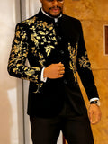 Men's Black Velvet Blazer with Gold Floral Embroidery, Slim Fit Suit Jacket for Wedding, Party, Banquet, Prom