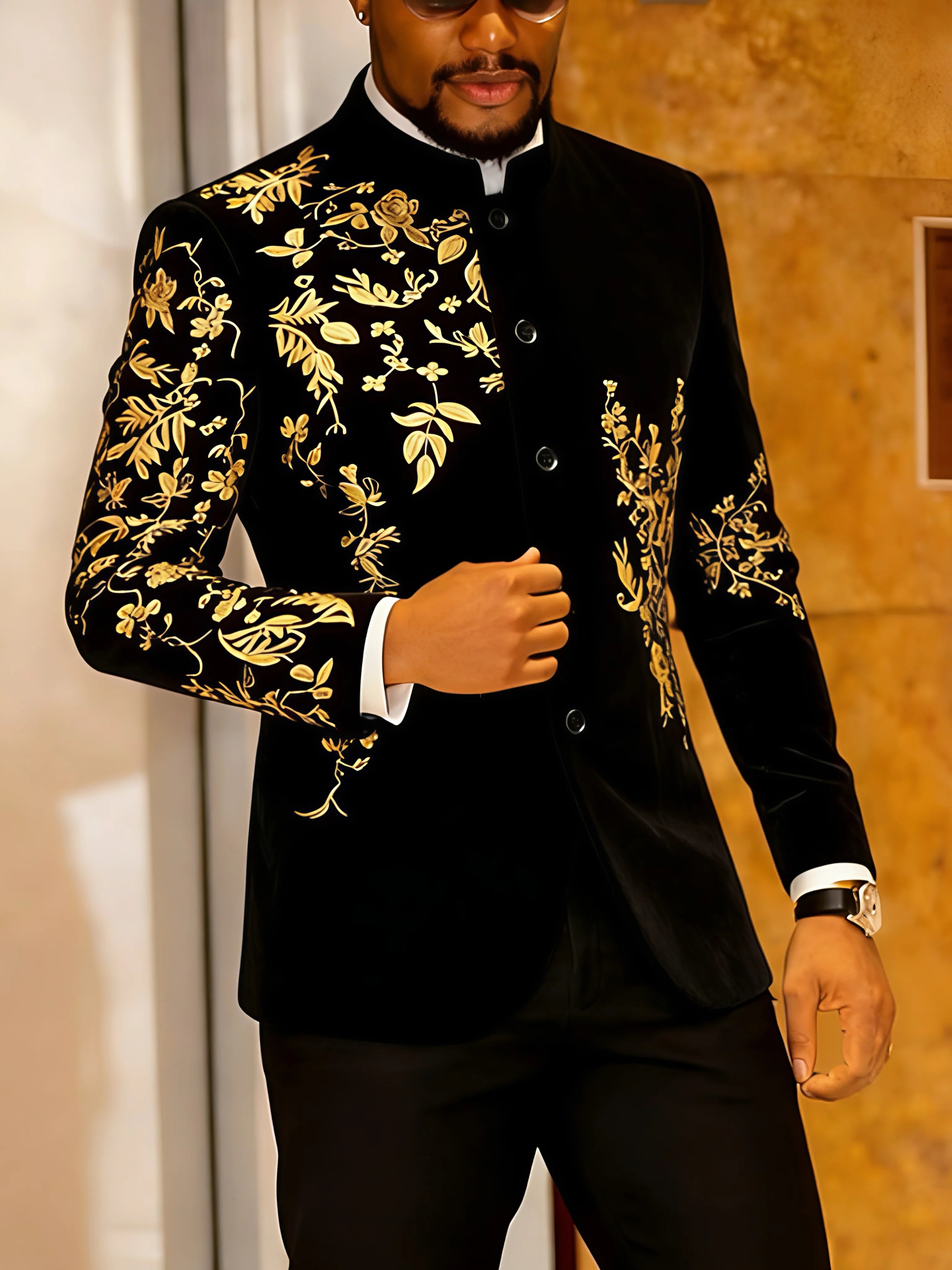 Men's Black Velvet Blazer with Gold Floral Embroidery, Slim Fit Suit Jacket for Wedding, Party, Banquet, Prom