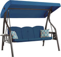 Outdoor Porch and Yard Use, Metal Frame, Blue 3-Seat Swing with Canopy, Extra Pillows and Cup Holder