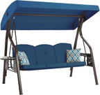 Outdoor Porch and Yard Use, Metal Frame, Blue 3-Seat Swing with Canopy, Extra Pillows and Cup Holder