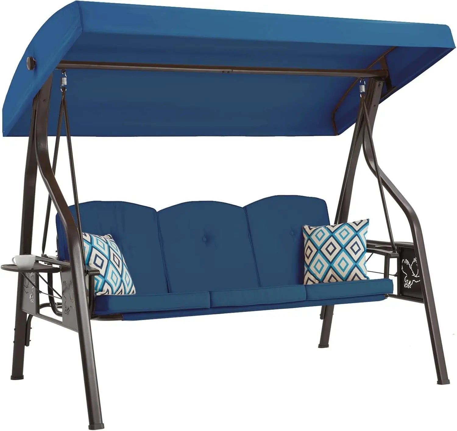 Outdoor Porch and Yard Use, Metal Frame, Blue 3-Seat Swing with Canopy, Extra Pillows and Cup Holder