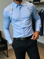 Men's Solid White Long Sleeve Shirt with Strap Detail, Slim Fit for Office or Casual Wear