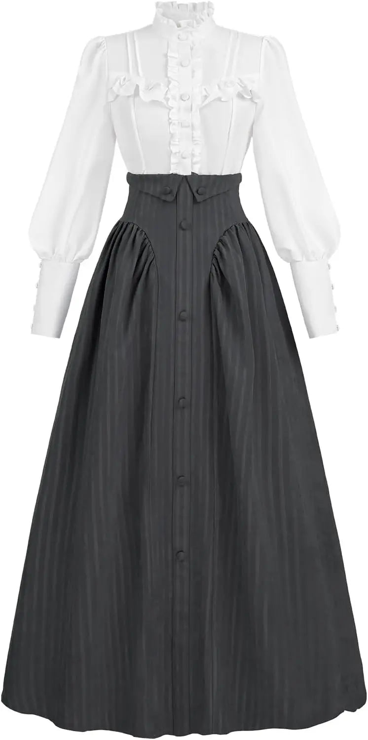 Victorian Dress for Women Edwardian Renaissance Costume Medieval Vintage 1800s Blouse Dresses 2 Piece