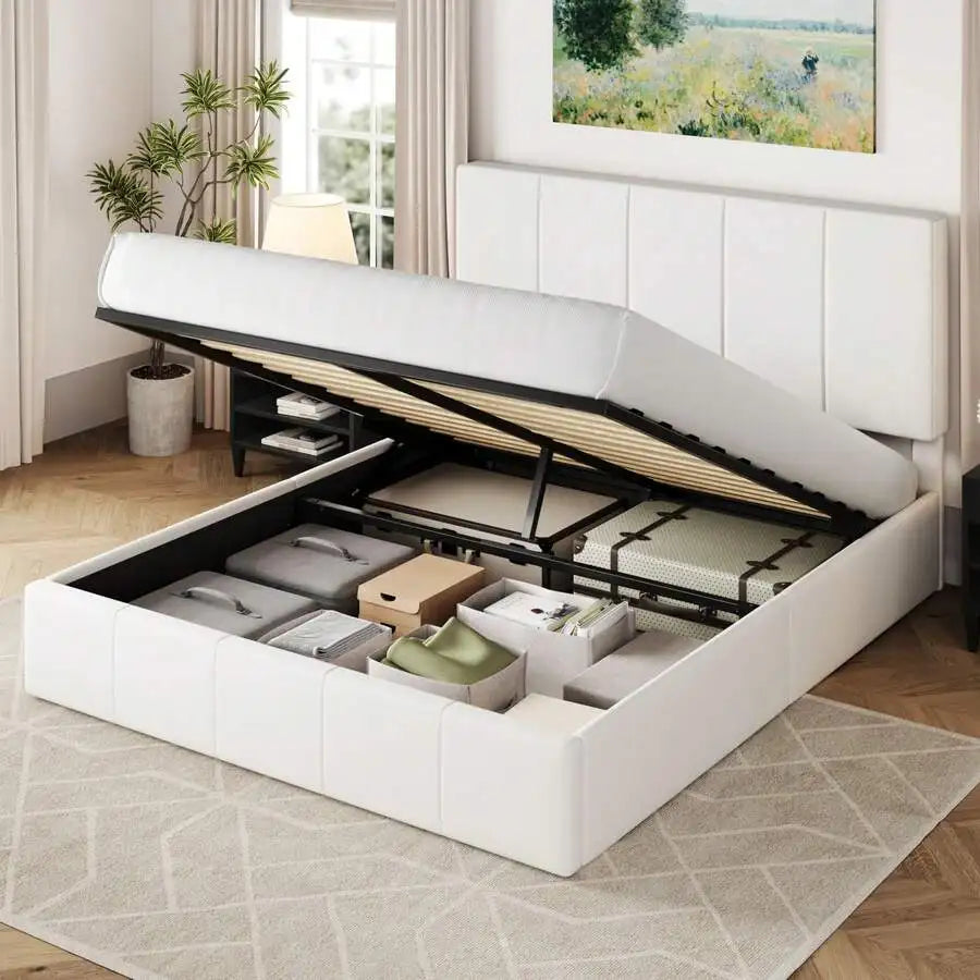 Full/Queen/King Size Velvet Lift Up Storage Bed Frame, Vertical Channel Tufted Headboard, Hydrualic Underneath Storage, Upholstered Platform Bed, Wooden Slats Support, No Box Spring Needed, Cream
