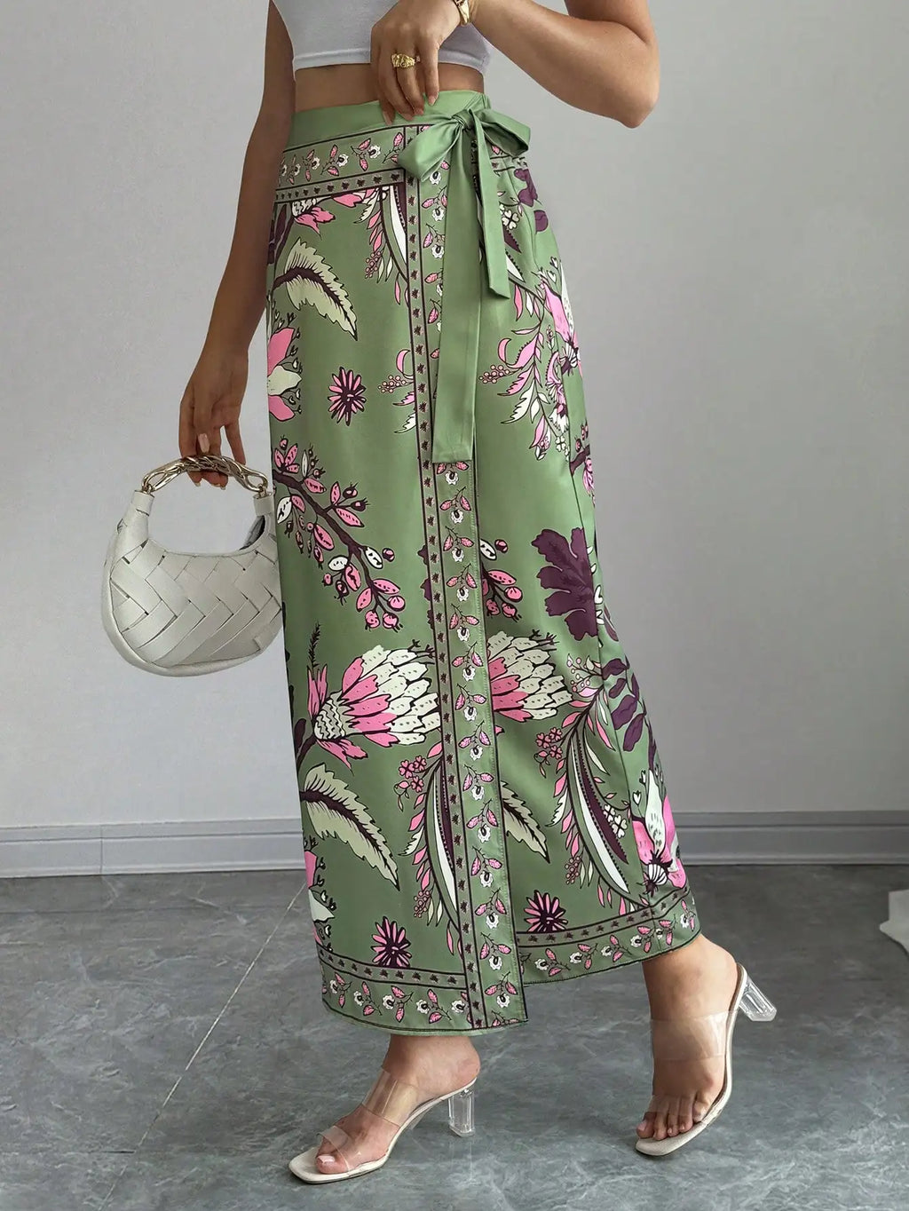 Elenzga Women's Elegant Floral Print Wrap Tie Straight Skirt, Vacation Style
