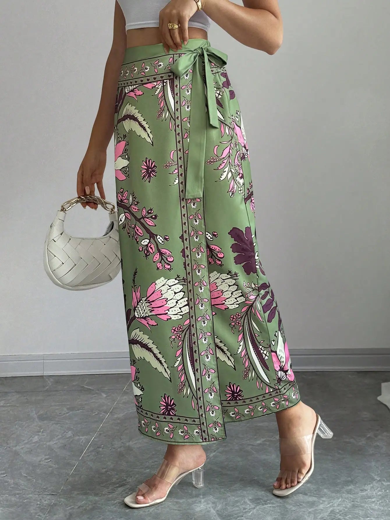 Elenzga Women's Elegant Floral Print Wrap Tie Straight Skirt, Vacation Style