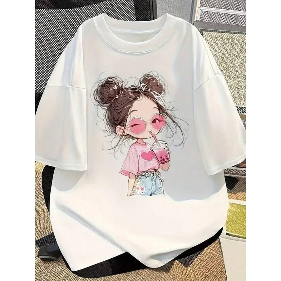 【New Arrival】Cute Anime Girl Graphic Tee Women's Oversized Kawaii Top