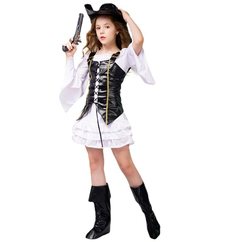 Halloween Costume Adult Women Pirate Buccaneer Corset Top Blouse Tiered Skirt Boots Set, Victorian Renaissance Fair Masquerade Party Carnival Stage Show Performance Dress Up