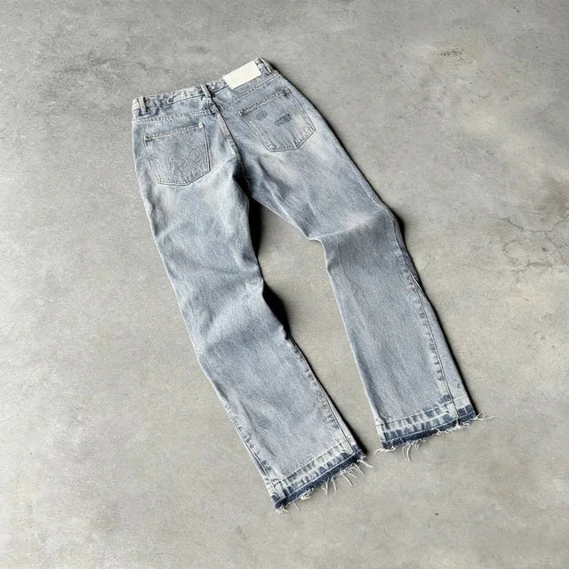 American Vintage Washed Jeans Men Women Retro Distressed Raw Hem Flare Denim Pants Y2K Grunge Streetwear Loose Hip Hop Trousers 2026