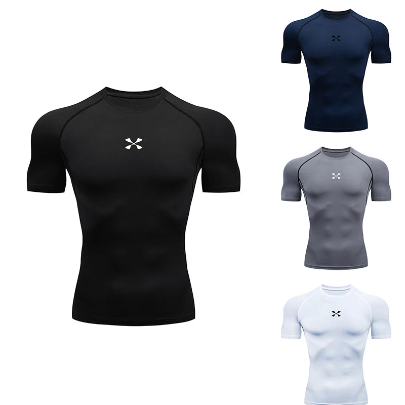 Summer Men Athletic Compression Short Sleeve Running T Shirt Elastic Polyester Quick Dry Gym Workout Fitness Top
