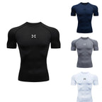 Summer Men Athletic Compression Short Sleeve Running T Shirt Elastic Polyester Quick Dry Gym Workout Fitness Top