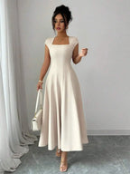 Elegant Cream White Square Neck Cinched Waist A-Line Midi Dress