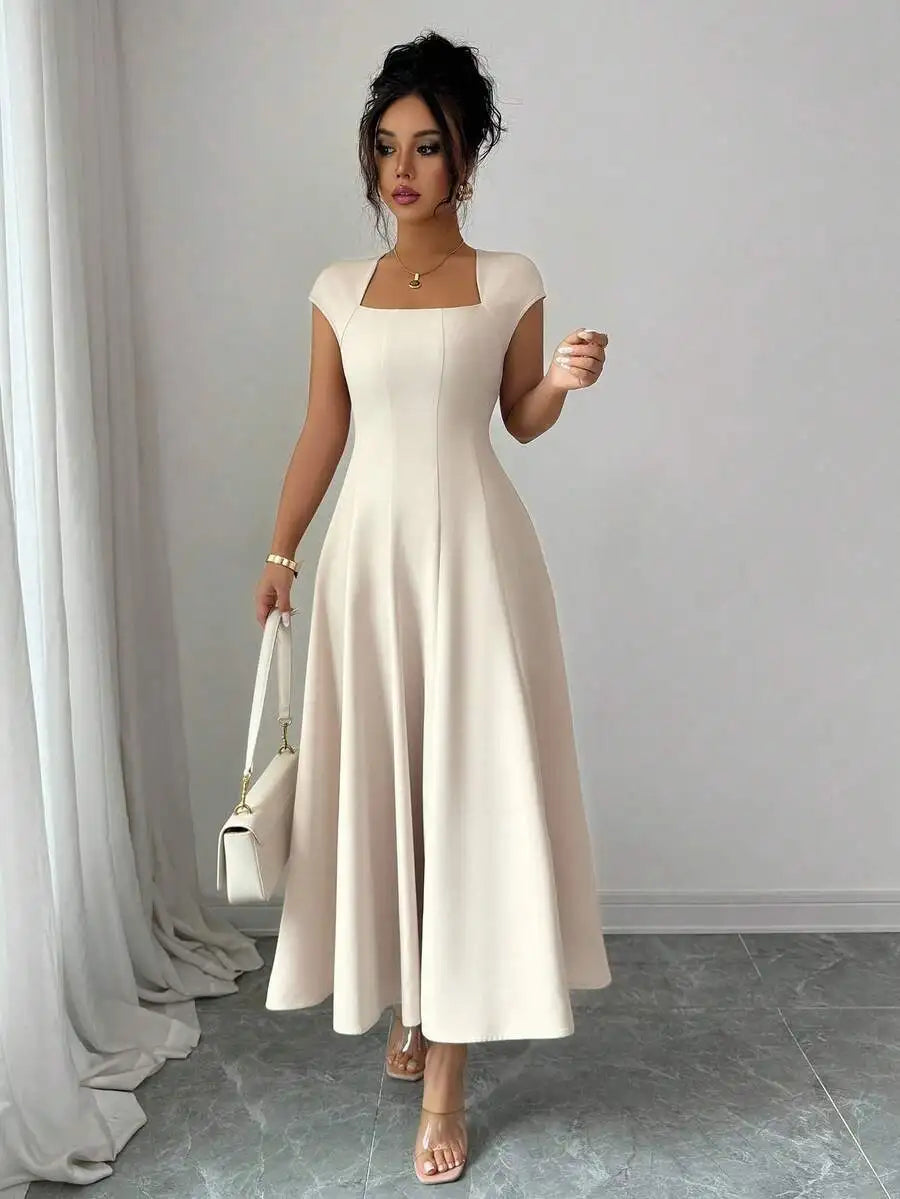 Elegant Cream White Square Neck Cinched Waist A-Line Midi Dress
