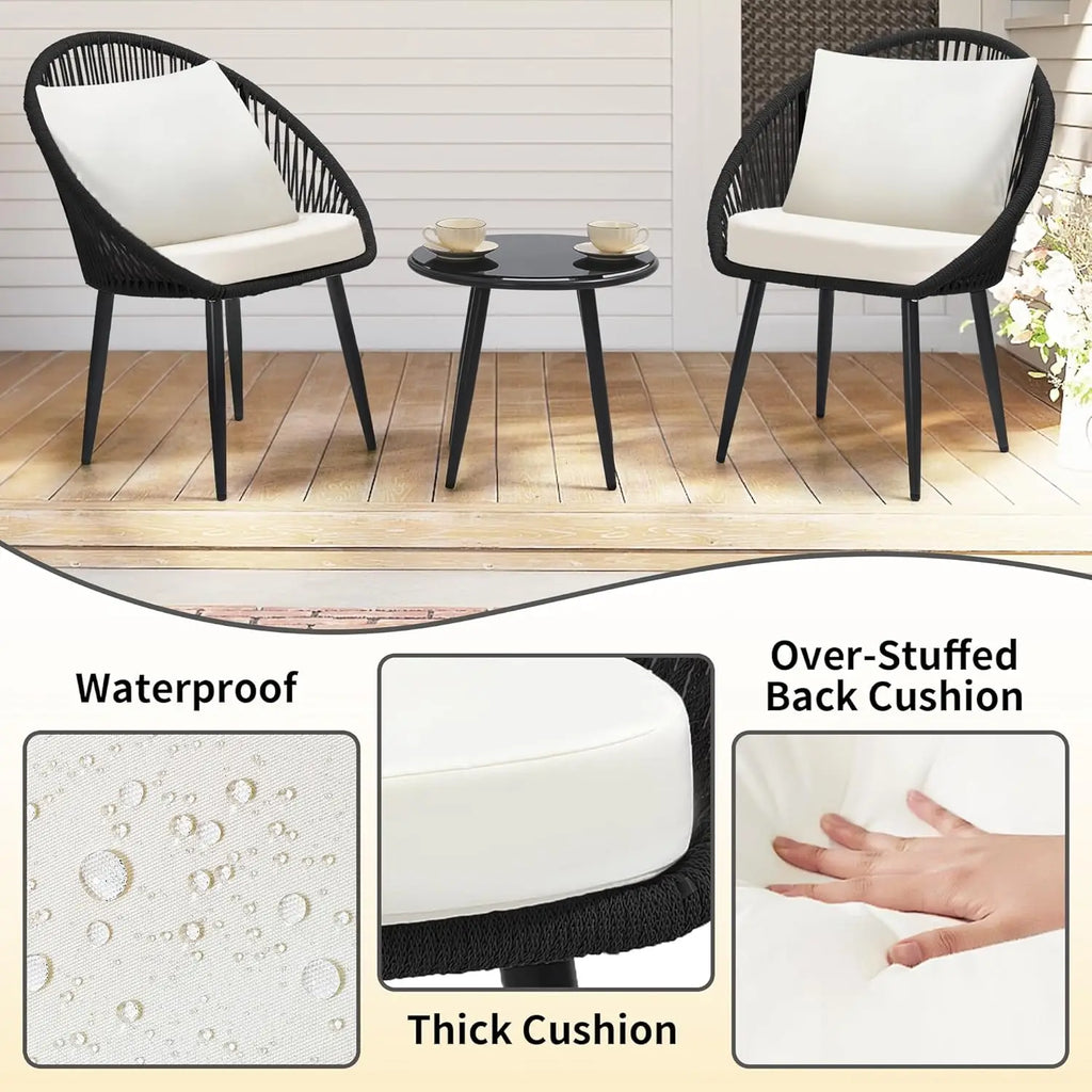 3 Pieces Bistro Set, Woven Rope Chair with Cushions, All Weather Patio Conversation Set and Side Table, Ideal for, Customized