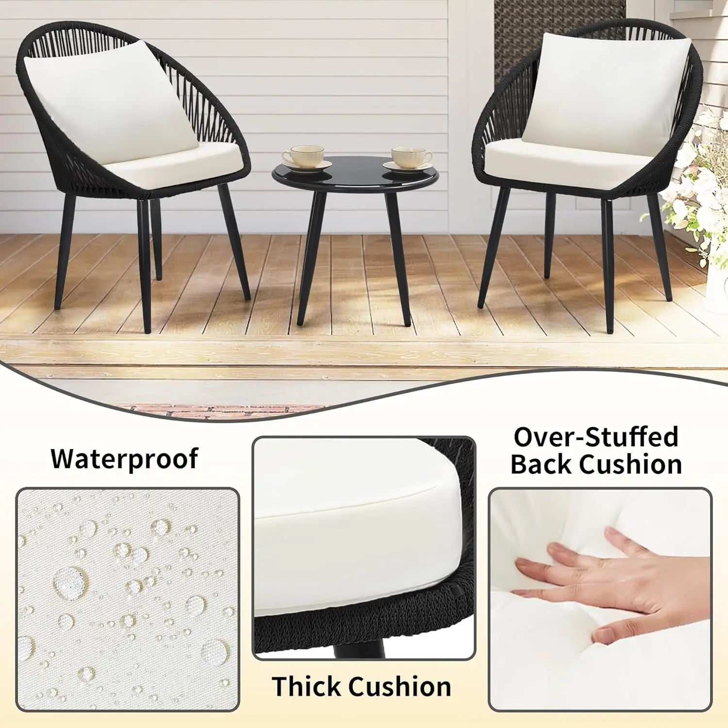 3 Pieces Bistro Set, Woven Rope Chair with Cushions, All Weather Patio Conversation Set and Side Table, Ideal for, Customized