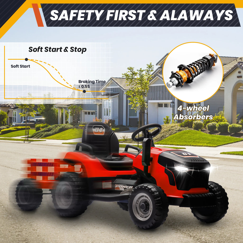 24V Kids Ride On Tractor w/400W Motors, 2-IN-1 Power Tractor Wheels w/Remote Control, Tiltable & Detachable Trailer, Adjustable Seat, Music, 24Volt Ride On Toys Electric Tractor for Kids