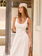 Scoop Neck Corset Style Maxi Dress Fit And Flare Flowy Beach Dress Summer White