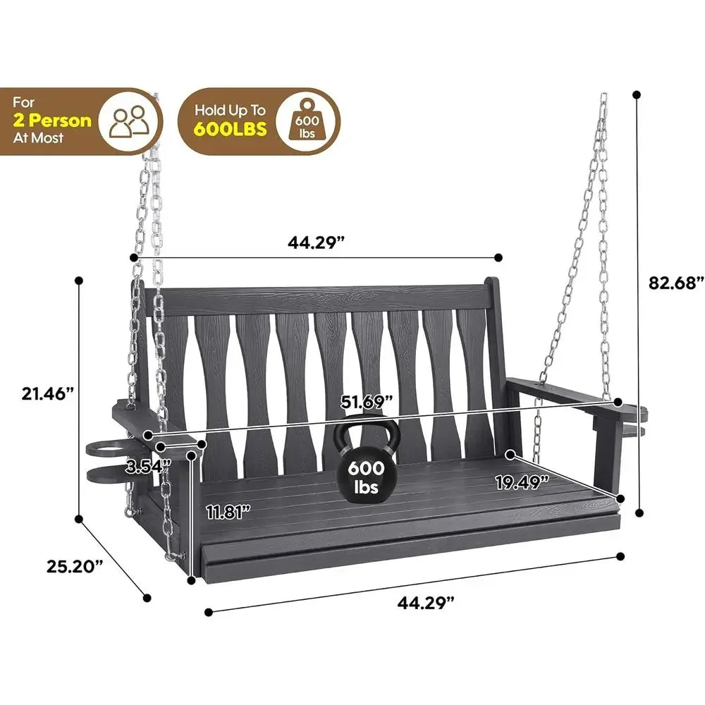 All-Weather 2-Seat Porch Swing with Cup Holders, Patio Swing Bench for Garden and Courtyard