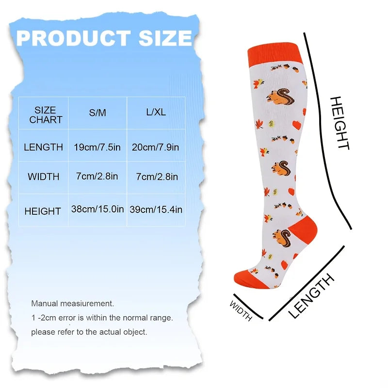 4 Pairs Cartoon Printed Compression Socks, Unisex Floral Sports Compression Long Socks, Suitable for Running, Hiking and Cycling, Made of Breathable, Sweat-Wicking and Ventilated Fabric