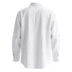 Men White Linen Button Down Long Sleeve Shirt Mandarin Collar Chest Pocket Roll Tab Cuff Loose Oversized Breathable Textured Beach Vacation Casual Holiday Top