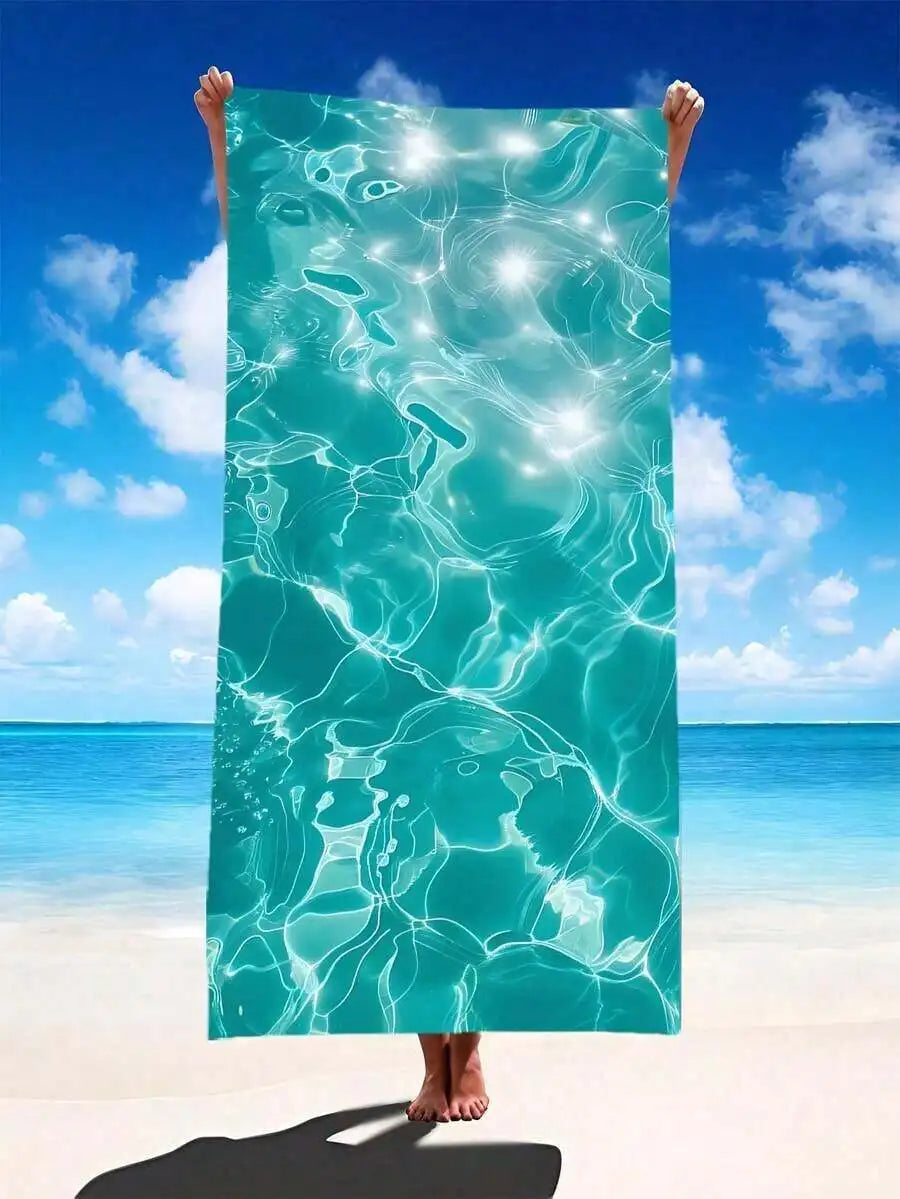 Microfiber Beach Towel With Aqua Water Ripple Print Shimmering Underwater Light Design