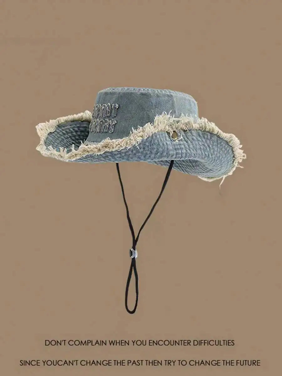 1pc Women's Retro Washed Frayed Edge Drawstring Bucket Hat, Outdoor Hiking Sun Hat, Student Sun Protection Hat, Suitable For