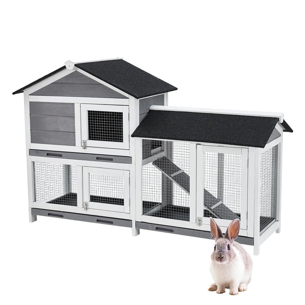 58'' Bunny Hutch Indoor Bunny Cage, with 3 Leak-Proof Removable Trays, Wooden Waterproof Roof Rabbit Hutch Indoor/Outdoor, 2-Tier Bunny House/Chicken Coop, Gray and Black