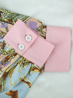 Women 2 Piece Set Ornate Print Long Sleeve Button Shirt Top Pants Outfit Elegant Casual Vacation Matching Set
