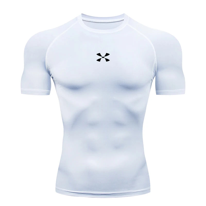 Summer Men Athletic Compression Short Sleeve Running T Shirt Elastic Polyester Quick Dry Gym Workout Fitness Top
