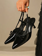 Women Bow Pointed Toe Slingback Stiletto High Heel Sandals, Patent Leather Backless Slip On Dress Pumps, Elegant Party Wedding Evening Footwear for Date Club Formal Occasions