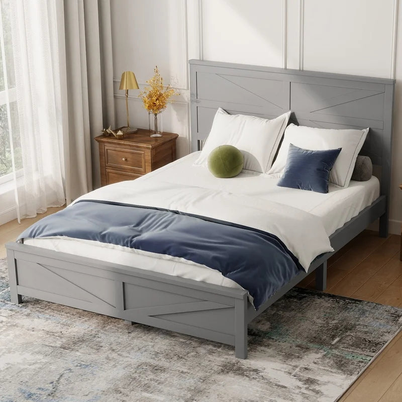 Farmhouse Queen Bed with Barn Door Headboard and Footboard, Pinewood Frame, Grey
