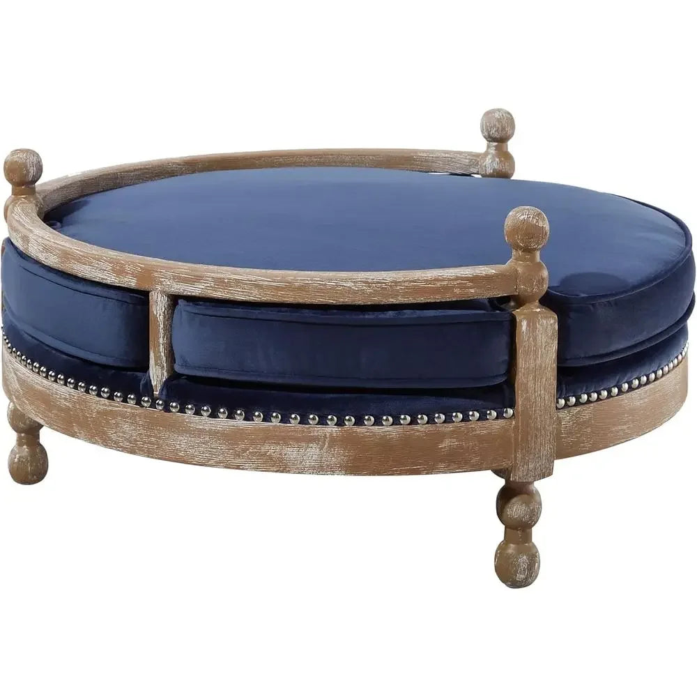 Handcrafted Weathered Oak Dog Bed with Removable Waterproof Velvet Cushion, Navy Blue