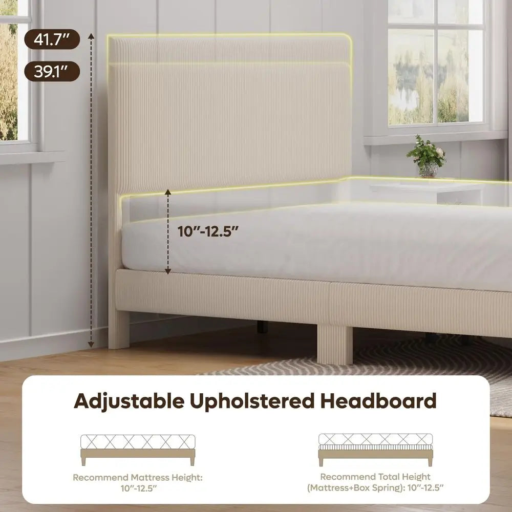 Queen Bed Frame with Headboard LED Lighting,Upholstered,Beige Easy Assembly,LED Lighting Headboard,No Squeaks,Vertical Channel