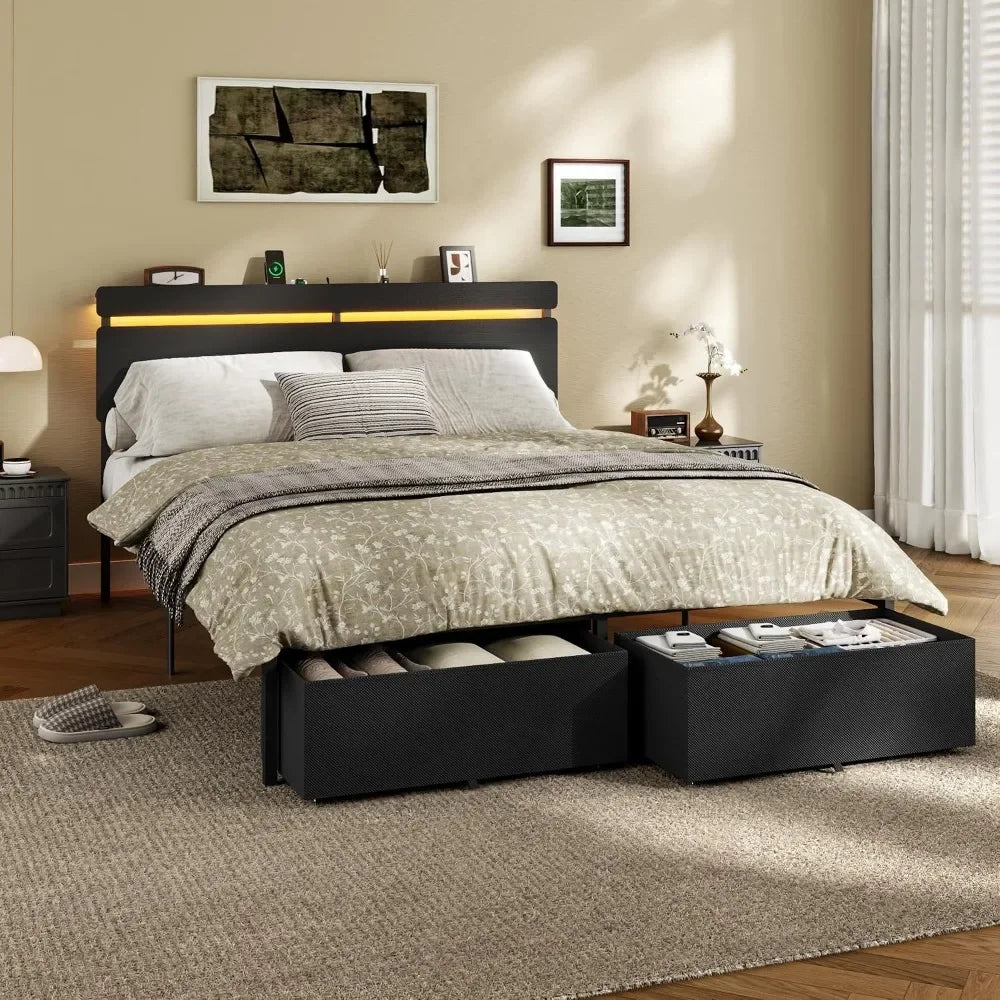 Queen Size Wooden Bed Frame with Headboard, Storage Drawers, Charging Station, LED Lights, Metal Support, No Box Spring Needed