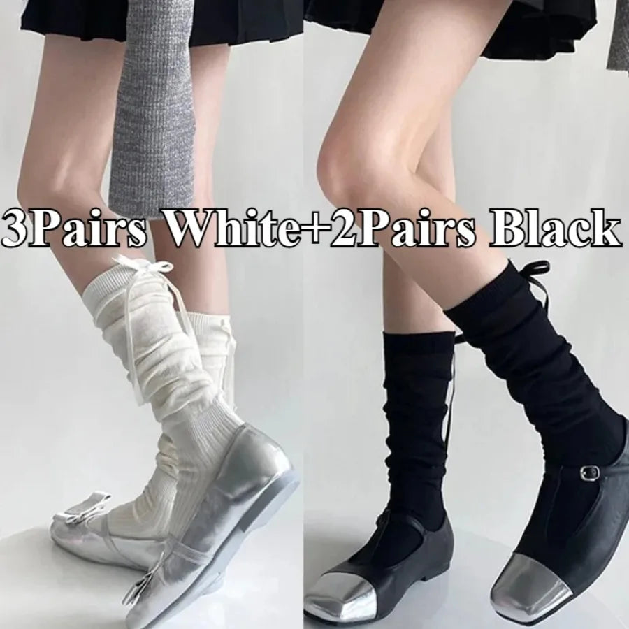 1/2/5 Pairs Lolita Long Socks Women Summer Ultra Thin Breathable Bandage Ribbon Bow Sweet Girls JK Style Black White Stockings