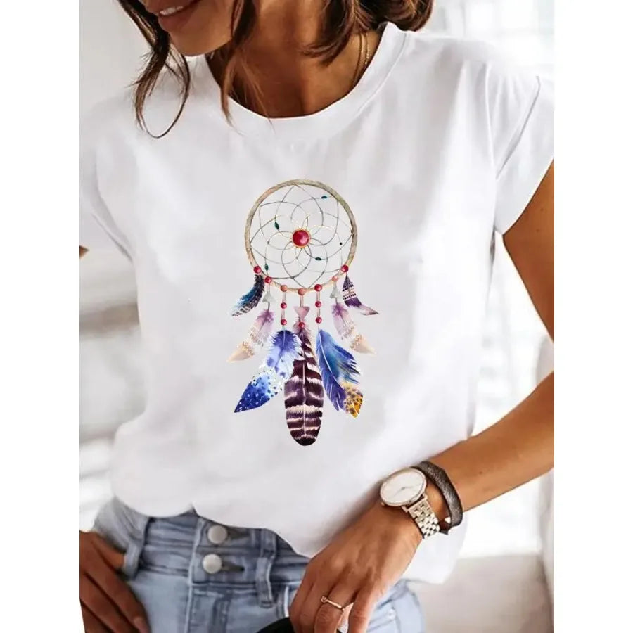 【New Arrival】Women's White Dragonfly Print Tee Let It Be Summer Casual Top
