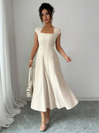 Elegant Cream White Square Neck Cinched Waist A-Line Midi Dress