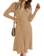 Womens Long Sleeve Wrap V Neck Ribbed Knit Pleated A-Line Sweater Dress With Belt