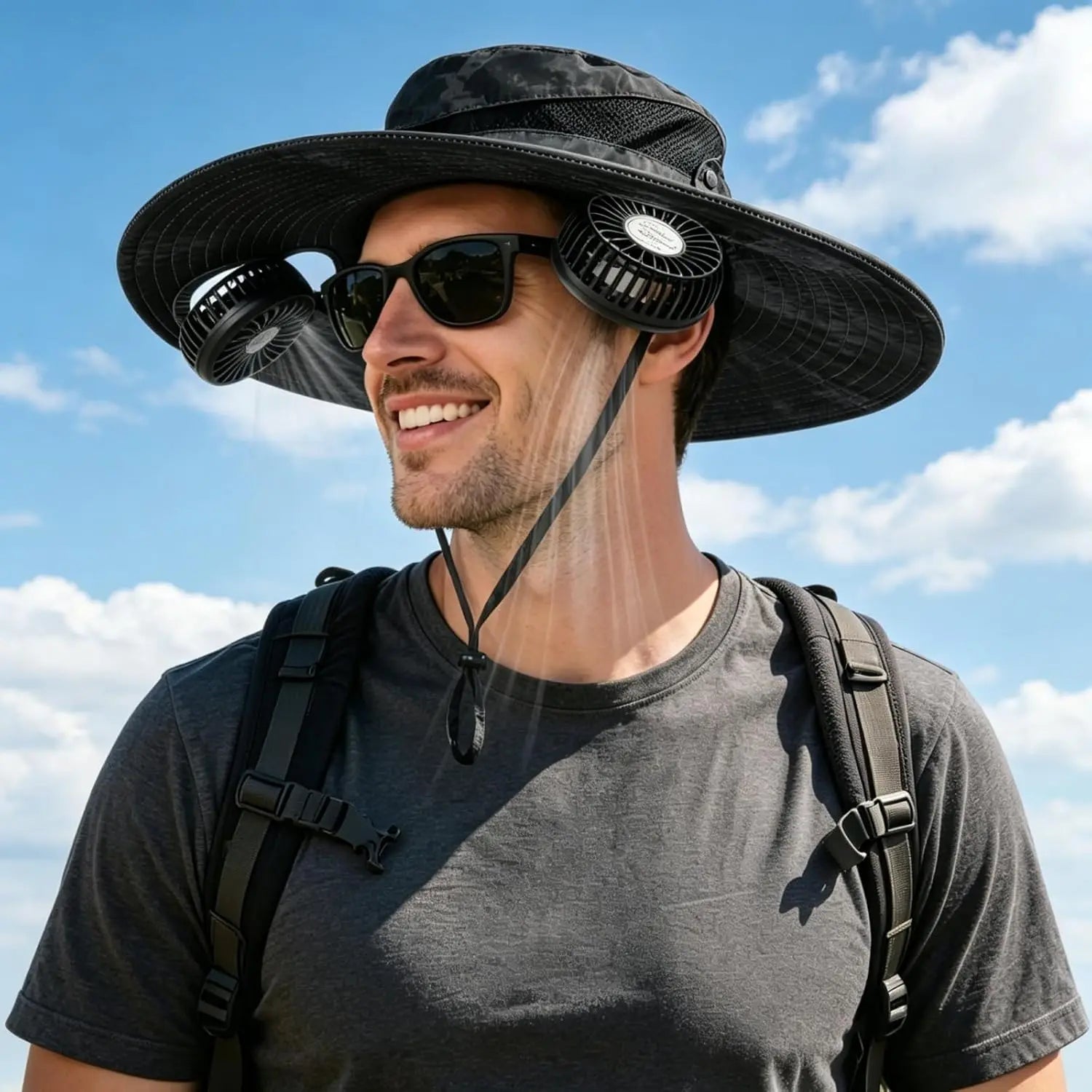 Unisex Rechargeable Hands Free Fan Bucket Hat UPF 50+ Waterproof Breathable Wide Brim Sun Hat Long Lasting Battery For Fishing Beach Gardening Safari